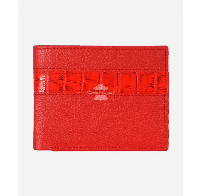 Bifold Leather Wallet Croc Print Leather Stripe Card Holder RFID Protected