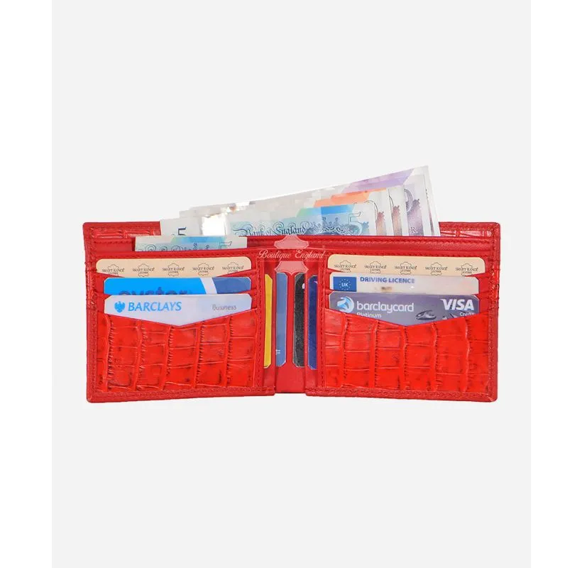 Bifold Leather Wallet Croc Print Leather Stripe Card Holder RFID Protected