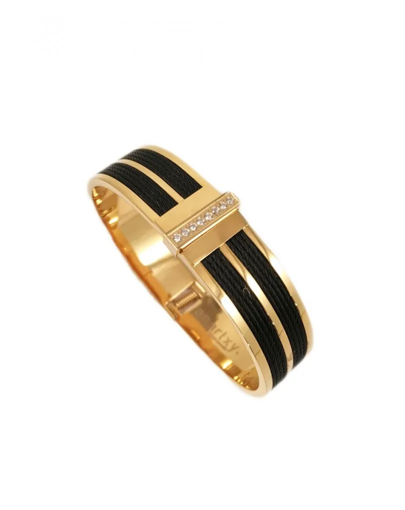 BRAZALETE DORADO CON HILOS DE ACERO NEGROS Y CIRCONITAS