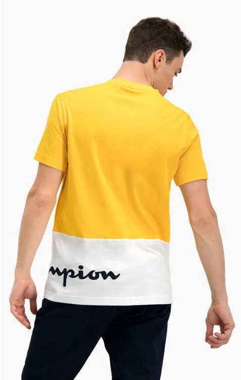 CAMISETA MANGA CORTA CHAMPION HOMBRE CUELLO REDONDO COLOUR BLOCK WRAPAROUND LOGO TSHIRT REF. 214363 AMARILLA Y BLANCA LOGO PART