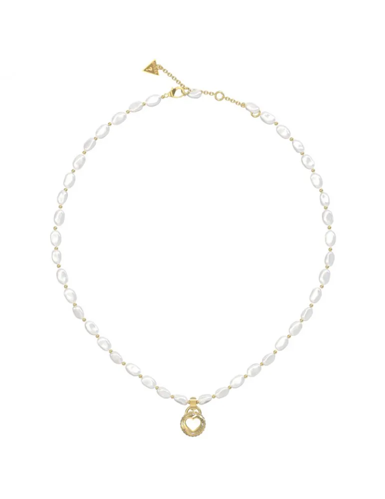 Collar Guess Mujer Rolling Hearts Acero Dorado Perlas