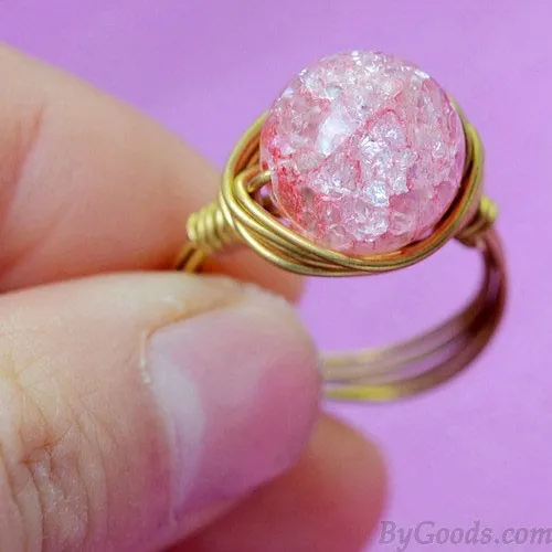 Natural Jelly Pink Crystal Ball Hand Winding Brass Rings