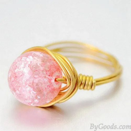 Natural Jelly Pink Crystal Ball Hand Winding Brass Rings
