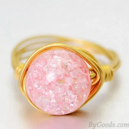 Natural Jelly Pink Crystal Ball Hand Winding Brass Rings